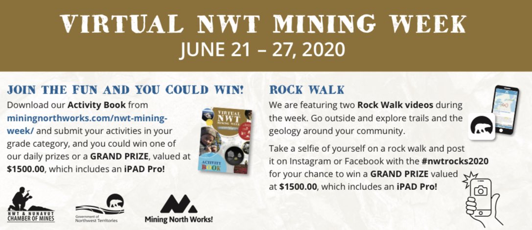 Inukshukpublish's tweet photo. Virtual Mining Week!!! Join the fun and you could win!! Download now https://t.co/VQ1jBwtxQ9 for a chance to win $1500 in prizes. Also, try a selfie on a rock walk for another prize valued at $1500! #mining #gnwt #nwtrocks #miningnorthworks #nwtnunavutchamberofmines #miningweek https://t.co/DaP0oTMy0R