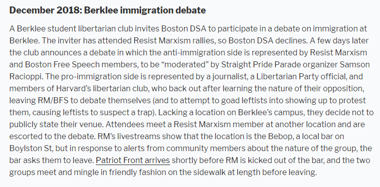 There is no full documentation of just what a hilarious comedy of errors this "debate" was, but there's a good summary in this article from  @Bos_Solidarity:  https://bostonpewg.org/2019/07/02/a-timeline-of-fascist-activity-in-boston-2017-present/
