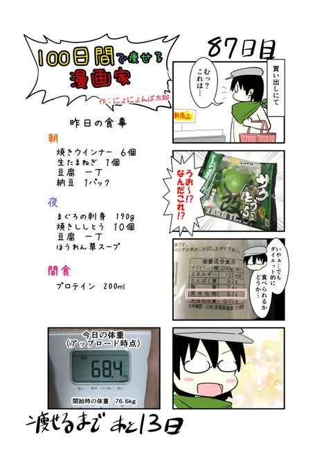 「100日間で痩せる漫画家」87日目(毎日19時頃アップします!)ダイエット中は食べるものに特に気をつかうので、自分の中で基準をクリアしてると嬉しいですね!(1日の炭水化物が20g超えないようにしている)#100日間で痩せる漫画家#ダイエット 