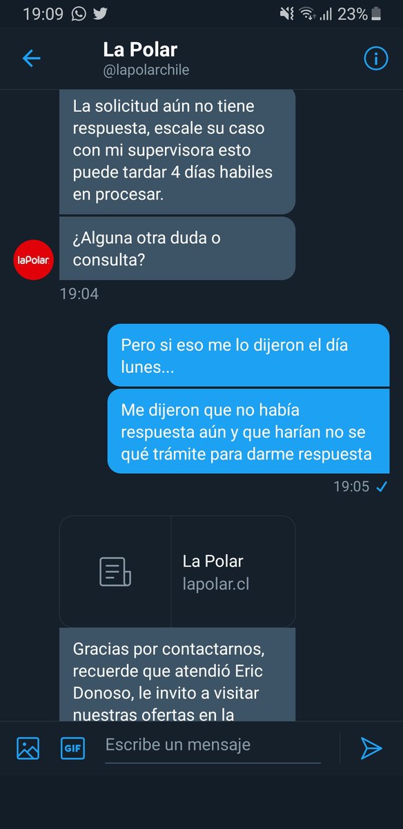 Una mierda su ayuda online, se demoró menos de 5 minutos en "atender", cerró la sesión y no había terminado de preguntarle por mi problema de un despacho atrasado hace más de 15 días hábiles @lapolarchile <a href="/SERNAC/">SERNAC</a>