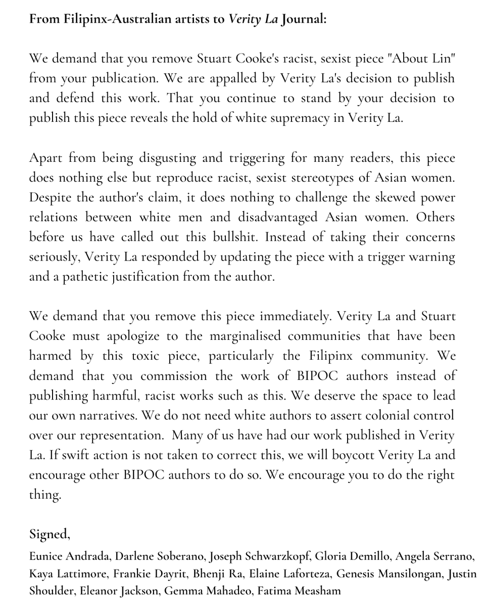 @VerityLa must remove Stuart Cooke's racist, sexist piece and apologise to the communities that have been harmed. Below is an abridged version of a co-signed letter from Filipinx-Australian artists to Verity La. ATTN: @liminalmag @PerilMag @djed_press @thedigitalsala @thuy_on