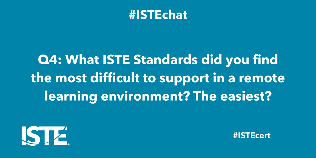 ISTE_ASCD's tweet photo. Q4: What ISTE Standards did you find the most difficult to support in a remote learning environment? The easiest?

#ISTEchat #ISTEcert #ISTEstandards https://t.co/3C6RT3eOWq