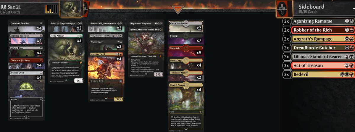 PraetorMtG's tweet photo. So I'm back to the top 500 💪
Village Rites is the missing draw for RB Sac 😁
Vito is a bomb 👌
The sideboard has to be fixed

@mtgazone @ArenaDecklists @ArenaMythicCast @Rebel_GN 

#REBELMAGIC https://t.co/QI8f7gDNMG