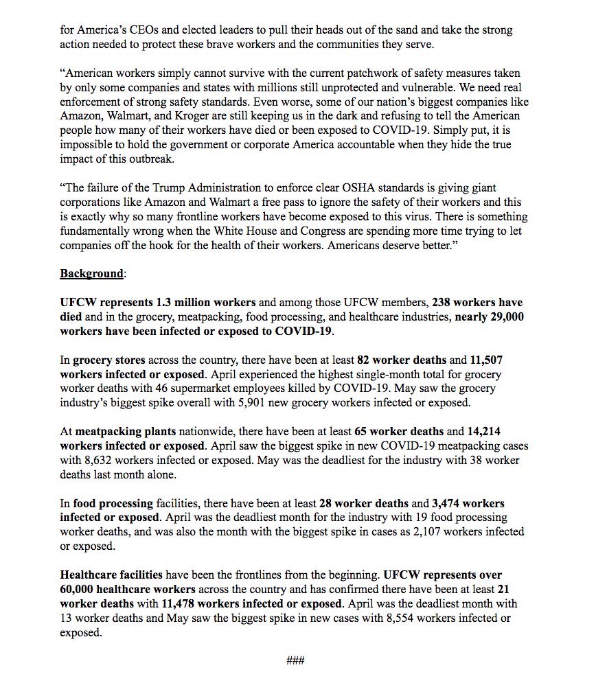 #EssentialWorkers are NOT Expendable!

Our Union has had staggering loses

82 Grocery Workers Dead

65 Meatpackers Dead

28 Food Processors Dead

21 Healthcare Workers Dead

29,000 infected/exposed

The <a href="/UFCW/">UFCW</a> demands a National #Covid19 Action Agenda

bit.ly/3g2gT8P

#1u