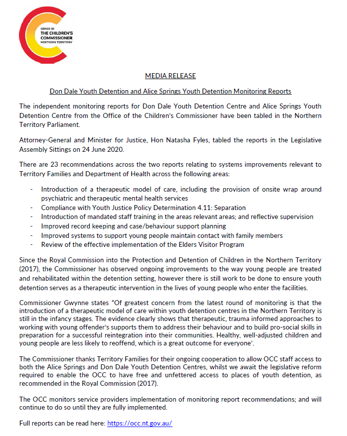 NTChildCommish's tweet photo. The OCC's independent monitoring reports of youth detention centres and an Own Initiative Investigation report were tabled on Wednesday in NT Parliament. Read the reports here: https://t.co/SEsJS6Feid? https://t.co/qaYCZV5lxm