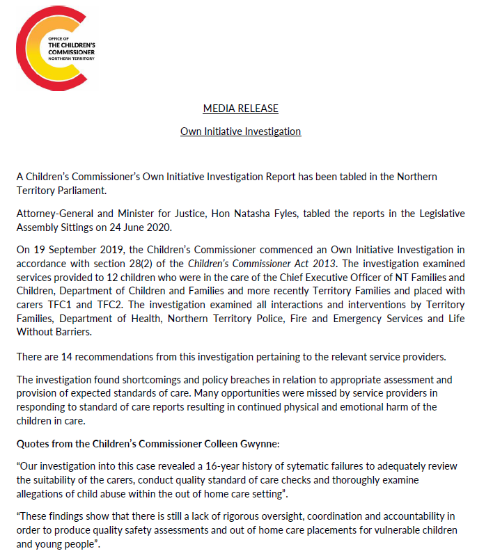 The OCC's independent monitoring reports of youth detention centres and an Own Initiative Investigation report were tabled on Wednesday in NT Parliament. Read the reports here: occ.nt.gov.au/publications?