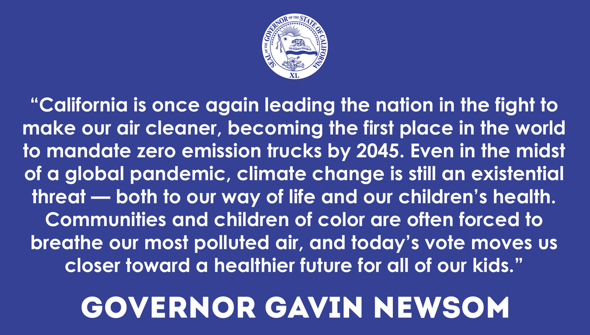 California is now the first place in the world to mandate zero-emission trucks by 2045 - addressing air pollution in the state’s most disadvantaged &amp; polluted communities.

Read Governor <a href="/GavinNewsom/">Gavin Newsom</a>’s statement on the <a href="/AirResources/">CARB</a> Board vote today. #CalforniaForAll