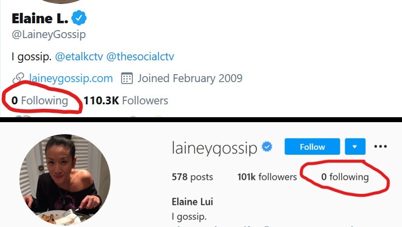 30/ #LaineyLui, you are so self-centered and full of yourself. Look at your social media channels.Everyone look at me!You refuse to follow one-single person. You don't follow your friends and co-workers.You don't even follow your own family members.  #LaineyGossip