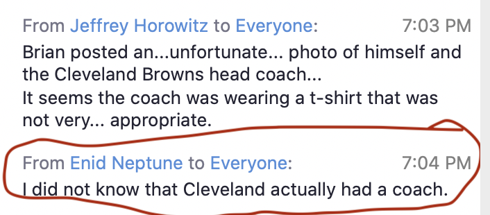 KaminskiMed's tweet photo. Best AFC North take down ever happened happened on a Zoom Chat at the @RCMB assembly business meeting  today when I mentioned that Dr. Southern once took a photo with a Cleveland Coach. Dr. Neptune promptly responded: I did not Know Cleveland had a coach. Priceless  #BestAssembly https://t.co/EC75hG3hUz