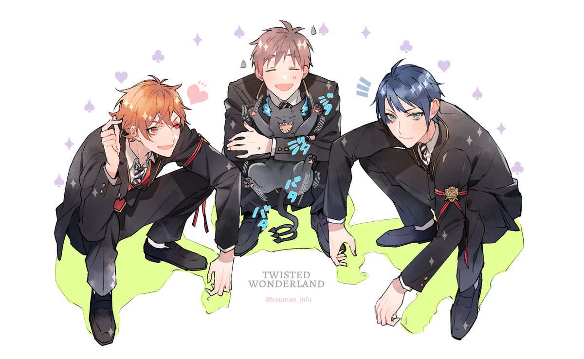 multiple boys school uniform cat 3boys squatting blue hair smile  illustration images