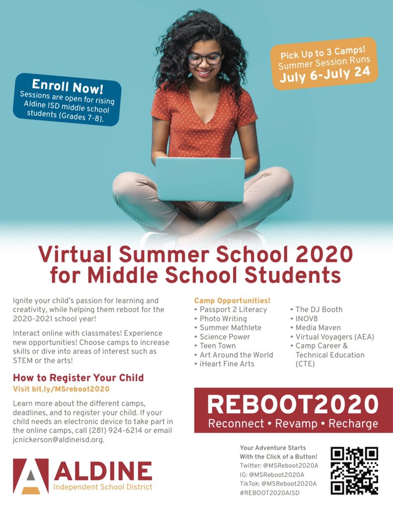 MrJNickerson's tweet photo. Aldine students did you know registration is still open? Its time to Revamp, Recharge, and Reconnect during the Middle School Reboot Virtual Summer Camp. Sign up. 💻‼️https://t.co/JrzBoRsTuc ‼️💻 https://t.co/ZRjfUJbjV6