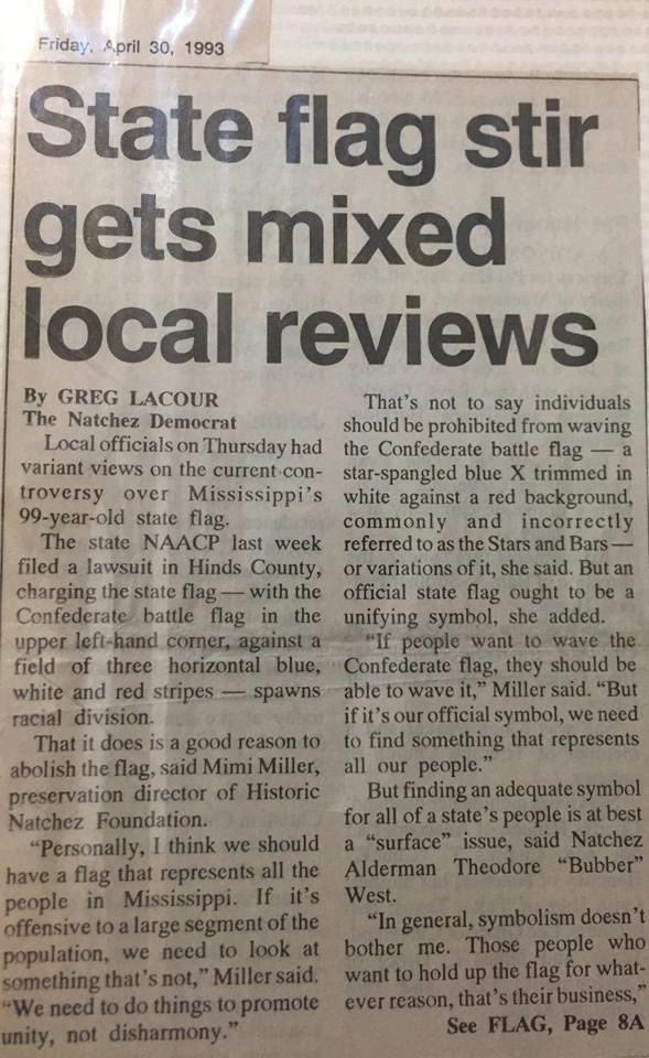My father was an alderman in Natchez, Mississippi, for almost 20 years—as were three of my grandparents before him. Here he is talking about the confederate flag in 1993 in the Natchez Democrat, i.e., the Dixiecrat.