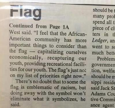 My father was an alderman in Natchez, Mississippi, for almost 20 years—as were three of my grandparents before him. Here he is talking about the confederate flag in 1993 in the Natchez Democrat, i.e., the Dixiecrat.