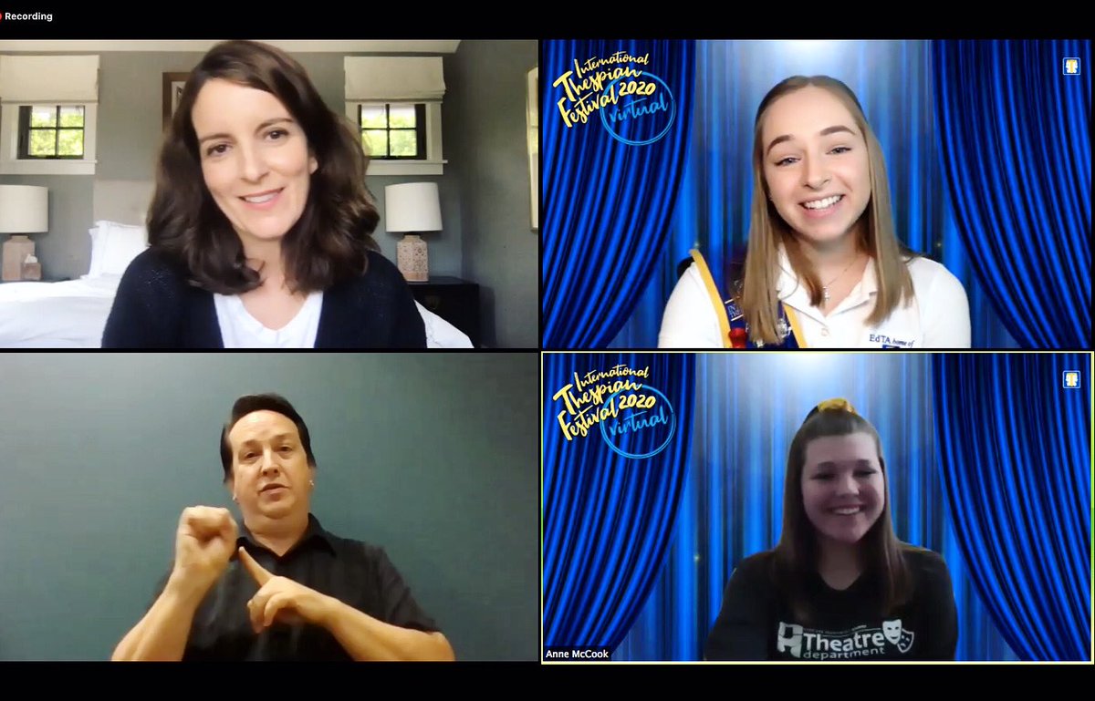 TorcomKate's tweet photo. On Thursdays Anne meets Tina Fey!
SO FETCH! That’s our @WeAreOneRPA Theatre student, Anne McCook a rocking Q&amp;A with TINA FEY! You go, Anne 💙💚 @schooltheatre #ThesFest20 https://t.co/GTNyTYpvsW