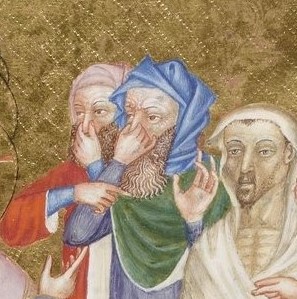 Apparently there's long artistic tradition of depicting some onlookers at the Raising of Lazarus as holding their nose so as to convey the idea that Lazarus was once truly dead and decaying - HOW AM I JUST FINDING THIS OUT