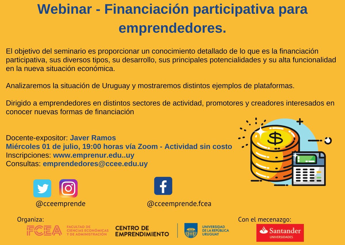 CCEEmprende's tweet photo. Webinar - Financiación participativa para emprendedores.

Dirigido a emprendedores y promotores interesados en conocer nuevas formas de financiación.

Javier Ramos

Miércoles 01 de julio. 19:00 - Sin COSTO

emprendedores@ccee.edu.uy

Inscripciones: https://t.co/bUJnLPTsJh https://t.co/vQ1Vpr8z1P
