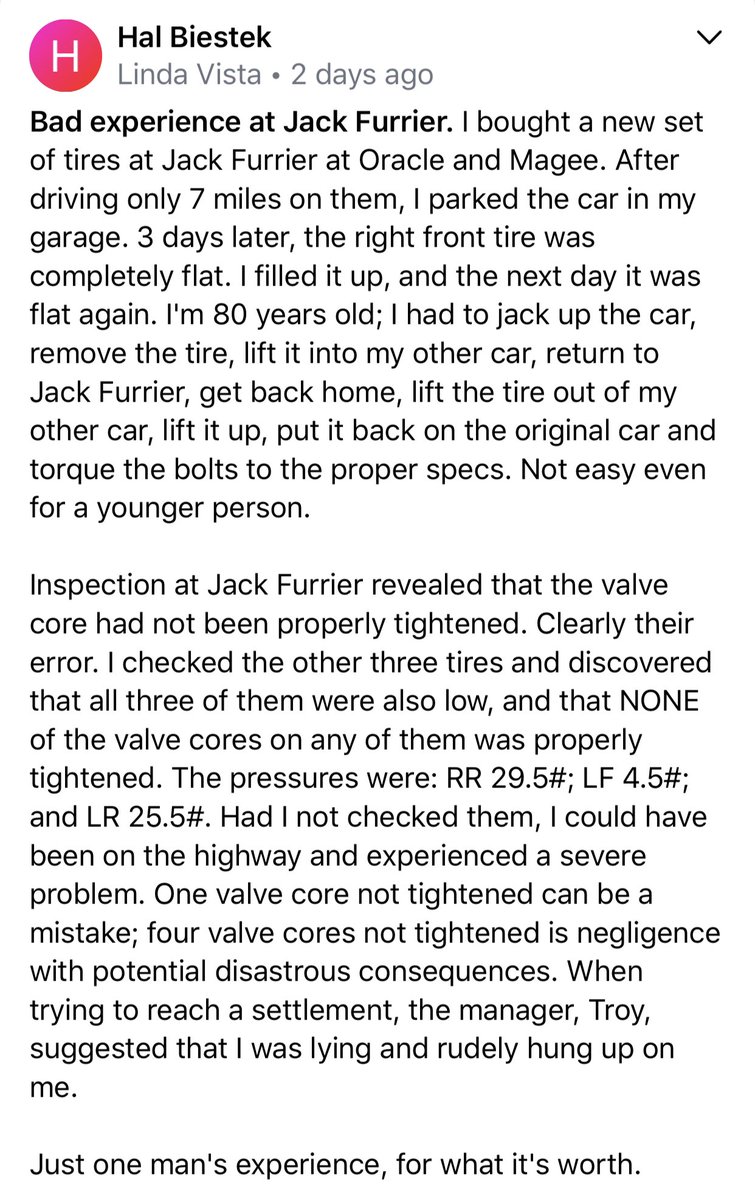 SalenaLettera's tweet photo. @JackFurrier @jackfurriers I read this today on my neighborhood app &amp; was concerned that a neighbor had this experience. I don’t know this man personally, but I think it needs to be addressed. U r 2 mins from my house &amp; we’ve used u many times. Would hate to have to go elsewhere. https://t.co/aeZaMjlZFN