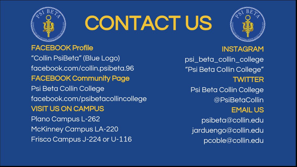 psibetacollin's tweet photo. Get in touch with us!
FACEBOOK
https://t.co/nDeEOKLh33
-or-
https://t.co/g9Ly0gPD6z
INSTAGRAM
Psi_beta_collin_college
โPsi Beta Collin Collegeโ
TWITTER
Psi Beta Collin College
@PsiBetaCollin
#PsiBeta #CollinCollege #Psychology #HonorSociety https://t.co/WpqKljEdom
