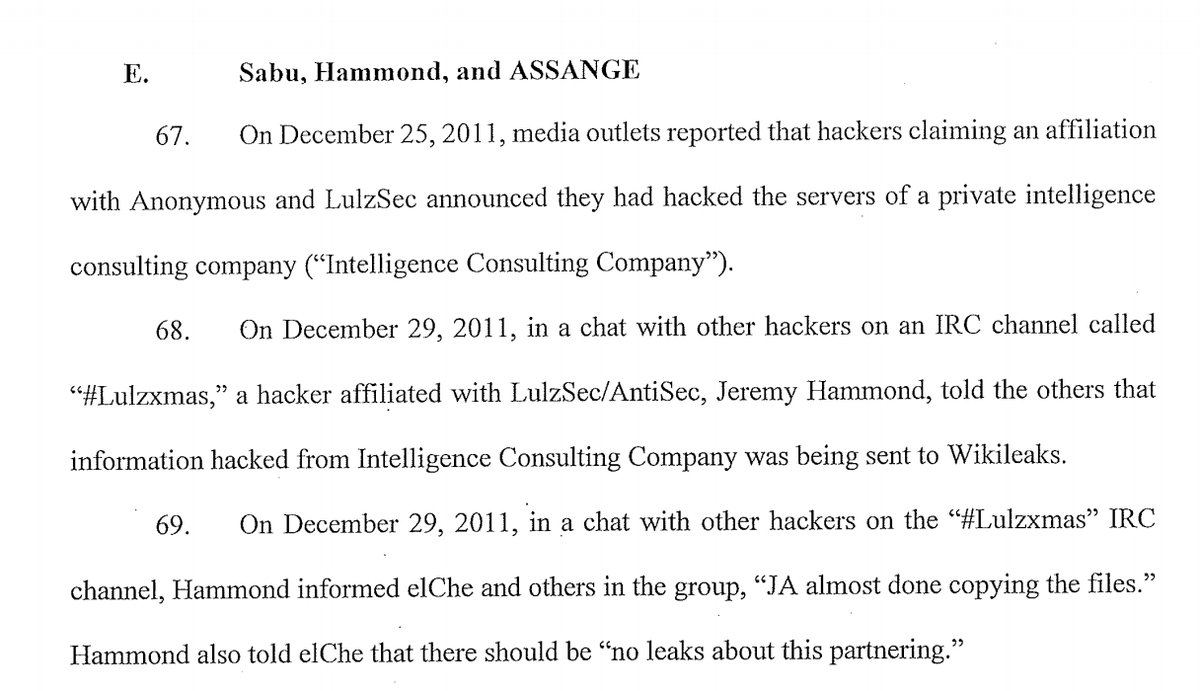 Activist Jeremy Hammond was sentenced to 10 years in prison for his involvement in hacking Stratfor intelligence consulting firm. He refused to testify before grand jury. So, vast majority of this section depends on statements from Hector Xavier Monsegur ("Sabu")—FBI informant.