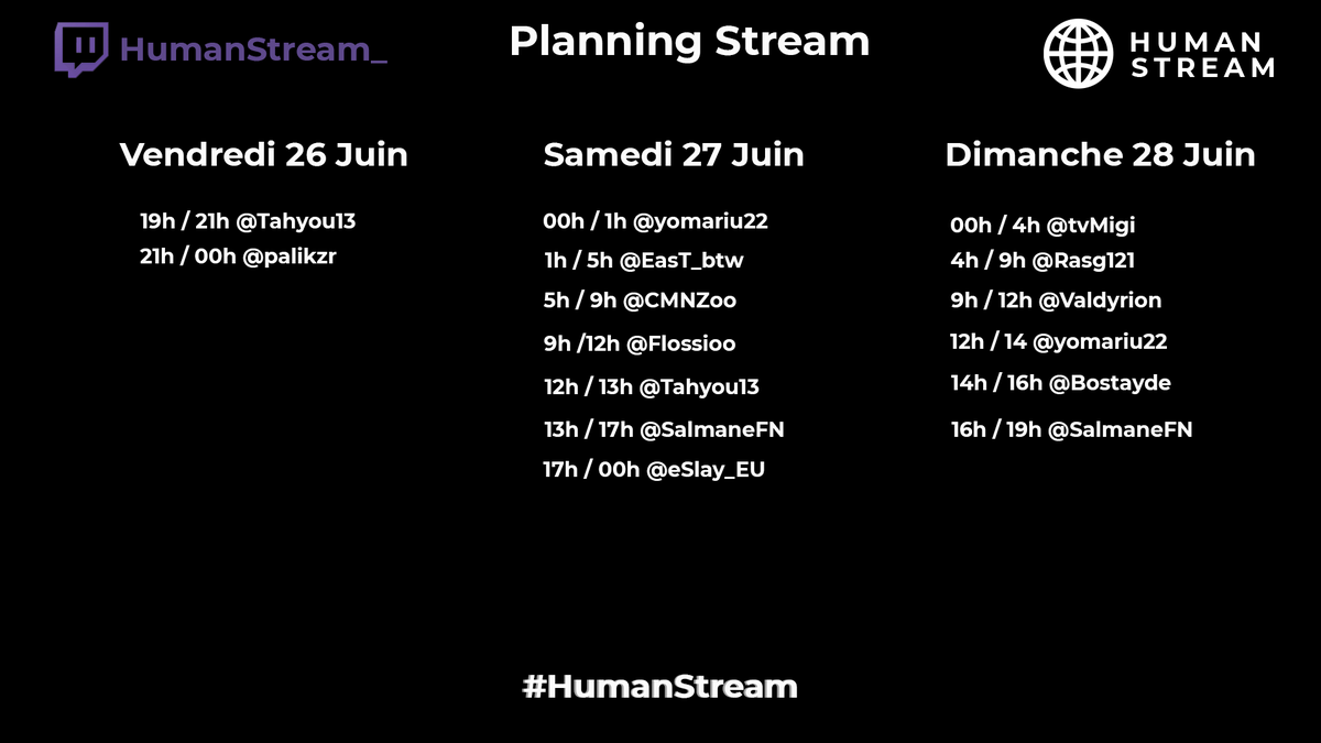 StreamHuman's tweet image. "NON AU RACISME"
Nous sommes le 26 Juin c'est aujourd'hui que début notre événement.
Tous les dons seront reversés à la LICRA de Reims.
Notre Stream débutera à 19h avec @Tahyou13 et se terminera Dimanche 19h.
Voici le planning de Stream ⬇️
#HumanStream✊🏻✊🏼✊🏽✊🏾✊🏿