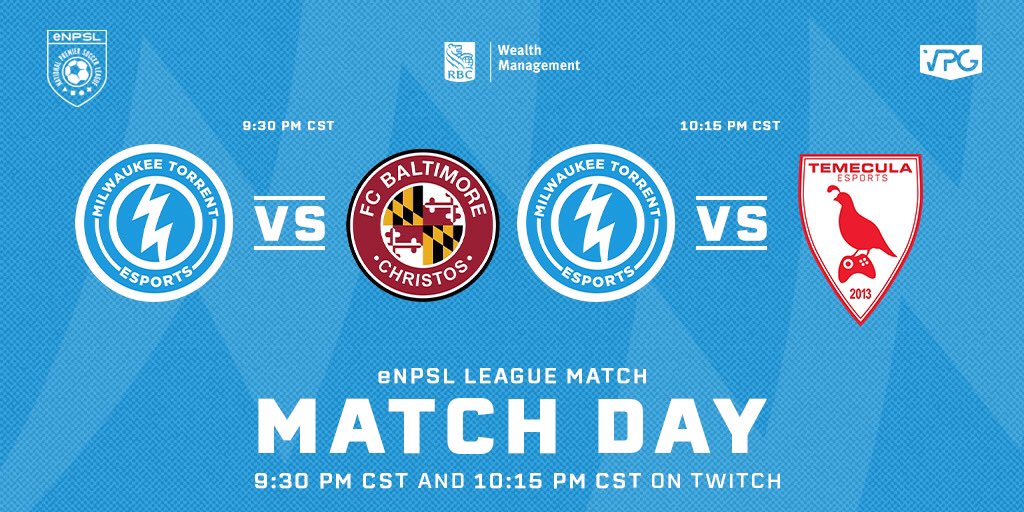 EsportsTorrent's tweet photo. 🎮MATCH DAY⚽️

The @MKETORRENT Esports squad is back at it again tonight in the #eNPSL at 9:30 PM ET VS @fcbaltimore1729 and again at 10:15 PM ET VS @TemeculaEsports! Tune in live to see the action on Twitch! https://t.co/SEbtozmp4F