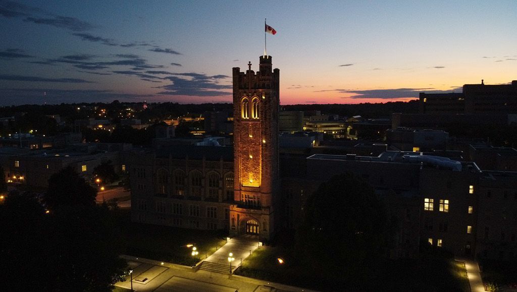 Tonight #WesternU shines in gold to celebrate graduates across #LdnOnt. The #GoGold4Grads community-wide celebration marks the accomplishments of the #Classof2020. We are proud of you all.