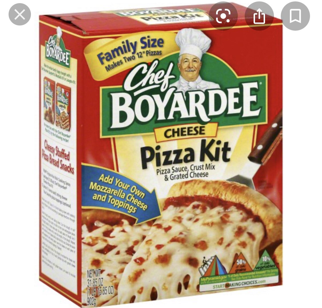 NoletBrian's tweet photo. @sralamoureux Chef-boy-ardee pizza kit. Little dough pack, tiny can of sauce and Parmesan cheese dust. Absolutely horrible—but I love it! May have improved over the years. https://t.co/sXRxXVdCN2