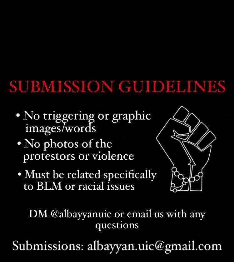 bsu_uic's tweet image. Hey everyone, if you want your voice to be heard please send your thoughts and concerns to the email that is on the flyer. Artwork, photography, poetry, short stories, and etc. Anyway you feel the need to express yourself please do. Submissions are due June 28, 2020