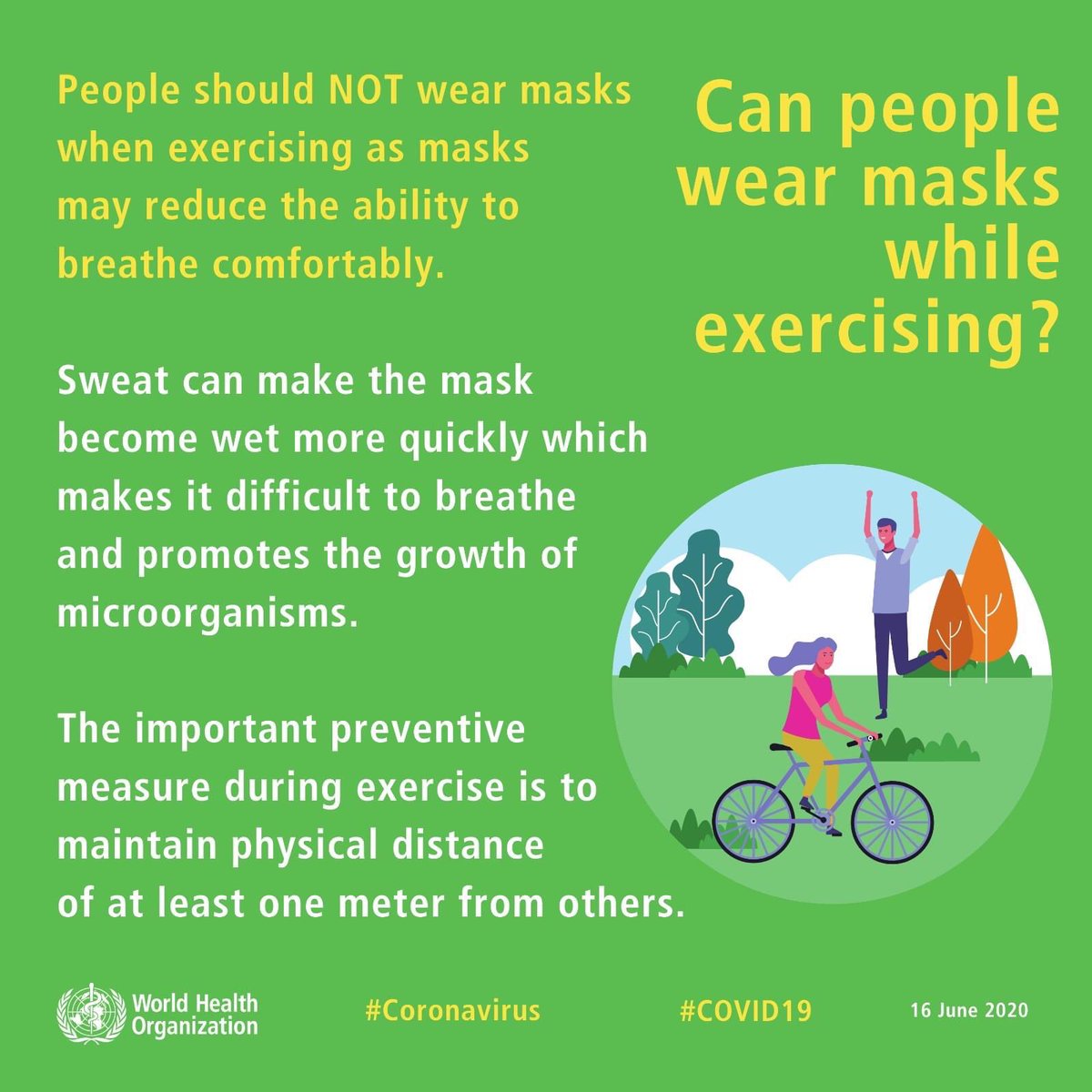 Masks should not be required while exercising and in gyms as @GovSisolak has mandated.  The <a href="/WHO/">World Health Organization (WHO)</a> published this recommendation on June 16, 2020 that people should NOT wear masks while exercising.  #Nevada #COVID #GymRats #FaceCoverings