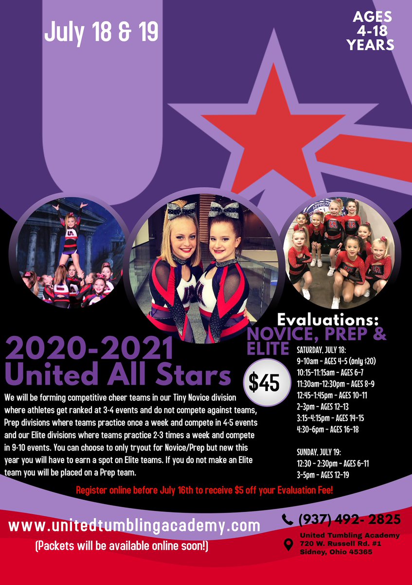 GET EXCITED! Packets will be available next week. Register for evaluations online to reserve your spot and save $5 if you register before July 16. Be sure to check the correct time slots. Each athlete will attend two days except for our 4-5 years olds. 

app.iclasspro.com/portal/unitedt…