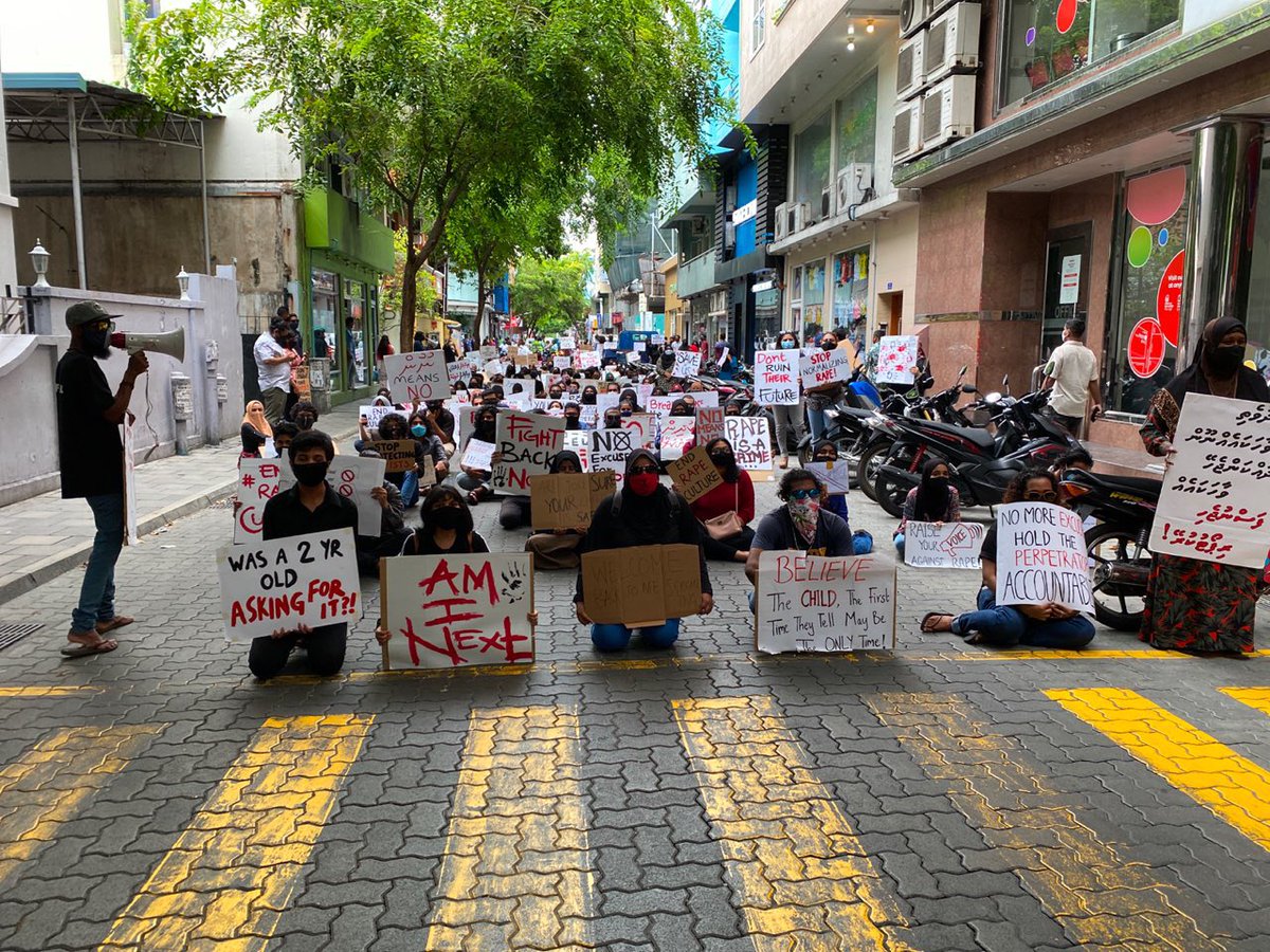 VocMaldives's tweet photo. Happening now: THE PROTEST AGAINST RAPE AND IMPUNITY. 
📍Infront of Gender Ministry (Near Secret Recipe)

Come join and show your support. 

** Please wear a mask and maintain Social Distancing 

#MeTooMV #IWillSpeakUp #AmINext #WhyIDidntReport #Huhtuvaa https://t.co/w3JTosc8pP