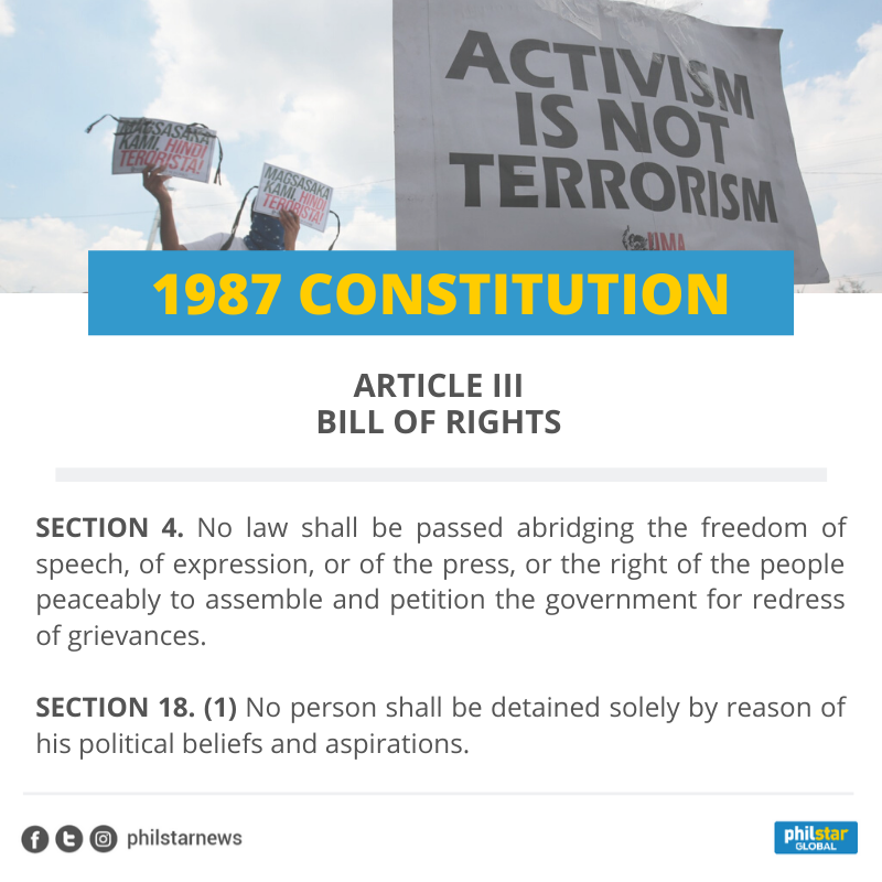 CONTEXT: Critics of the measure, also pointed out that some of the provisions under the Anti-Terrorism Act of 2020 violates the Bill of Rights.Here's what's written under Article III Sections 4 and 18 of the constitution.