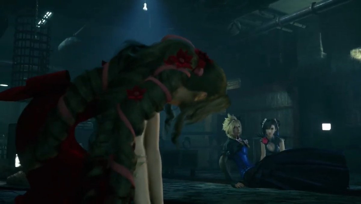 Now they got into the audition many things happened, Cloud and Aerith meets Tifa in the dungeon but his focus goes back to Aerith, he instantly gets up to help, she was already up but he makes sure she's steady enough and so that he can also just hold Aerith's hand.   #clerith