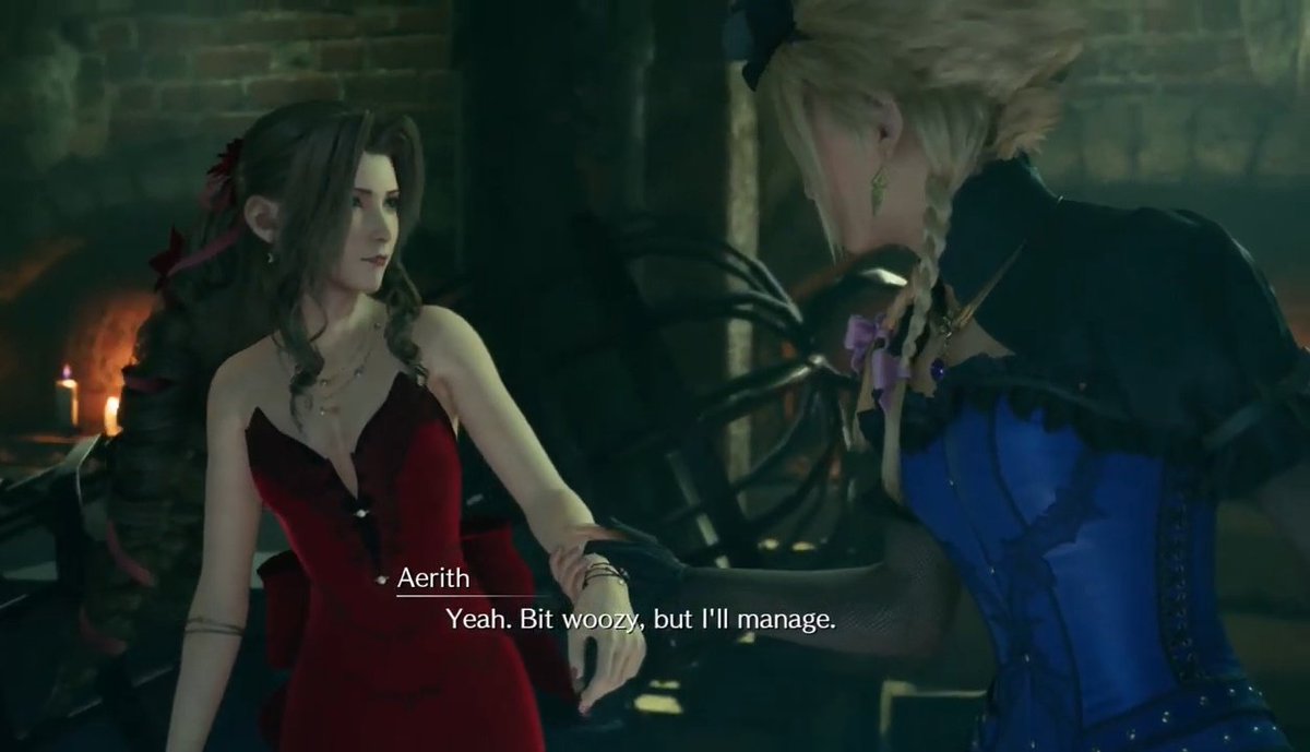 Now they got into the audition many things happened, Cloud and Aerith meets Tifa in the dungeon but his focus goes back to Aerith, he instantly gets up to help, she was already up but he makes sure she's steady enough and so that he can also just hold Aerith's hand.   #clerith