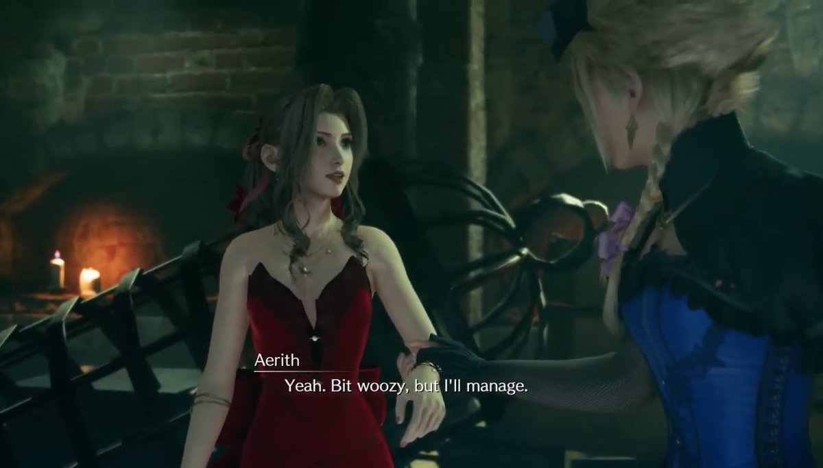 Now they got into the audition many things happened, Cloud and Aerith meets Tifa in the dungeon but his focus goes back to Aerith, he instantly gets up to help, she was already up but he makes sure she's steady enough and so that he can also just hold Aerith's hand.   #clerith