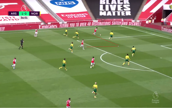 However, the long ball as we saw earlier is on. Ball goes into Tierney in acres of space. Auba makes the run between defenders as he's been doing all game. Xhaka continues the run into the box and scores a great goal. (12/n)