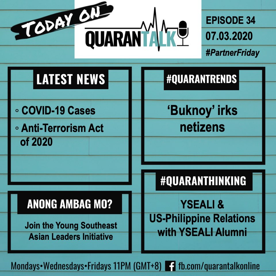 julesguiang's tweet photo. Tonight on #QuaranTalk
Quarantalk Episode 34 - @yseali & US-Philippine Relations with YSEALI Alumni
Welcome sa daldalang walang curfew. Usapang di nalalockdown!
Ito ang QuaranTALK kasama si Jules Guiang at Eah Antonio https://t.co/snziT6jjdm