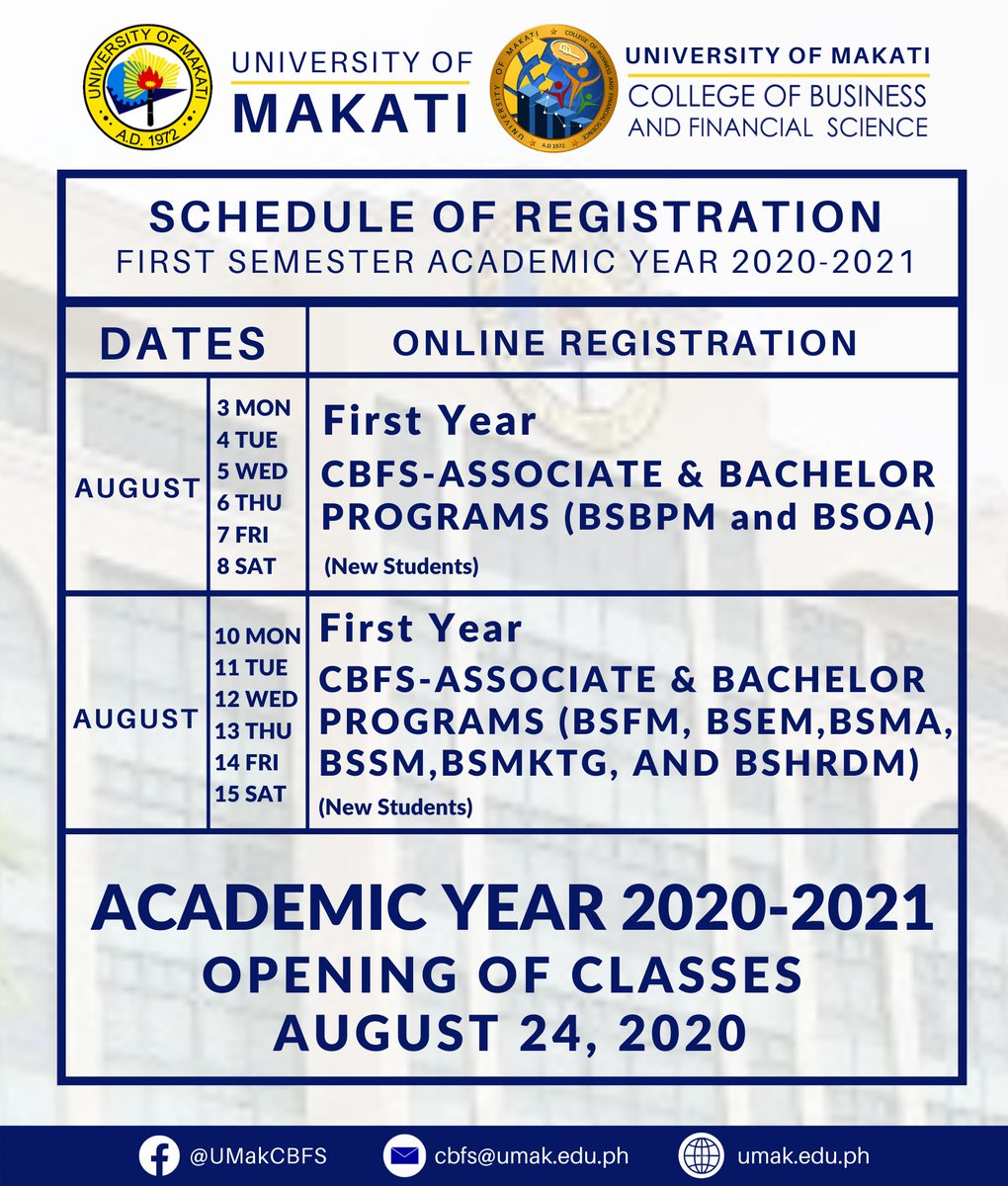 UMakCBFSSC's tweet photo. ANNOUNCEMENT

Here is the SCHEDULE OF REGISTRATION for the FIRST SEMESTER A.Y. 2020 - 2021! 📣

For the link of the Online Enrollment https://t.co/LaJQ35FZiy

If you have some clarifications, do not hesitate to coordinate with your respective Department Head. 

#CBFSLevelUp https://t.co/yrn2wT7cfL