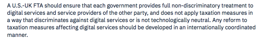 At a time when low tax online retailers are booming and higher taxed town centre businesses are closing the  @InternetAssn_UK also wants the trade deal to put a stop to the proposed digital services tax