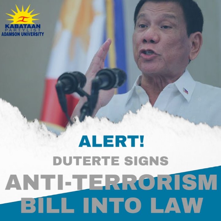 KabataanPLAdU's tweet photo. BREAKING!!! 

HINDI TERORISMO ANG SUSUPILIN NG ANTI TERRORISM BILL KUNDI ANG ATING DEMOKRASYA

Ngayong araw ay nilagdaan na ni Duterte ang Anti Terrorism Bill kahit kaliwa't kanan na ang mariing pagkukundena ng mga mamamayang pilipino laban sa niraratsadang bill na ito. https://t.co/Z2QL09KEBx