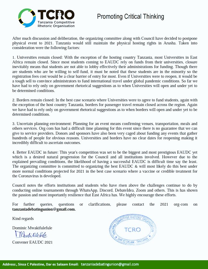 DebateUganda's tweet photo. At The East African Debate Council, we resolved that The annual East African Universities Debate Championship will not hold this year.
See below the Statement on postponement of #EAUDC2020 from the convening Organization #TCRO https://t.co/bNslse1Wih
