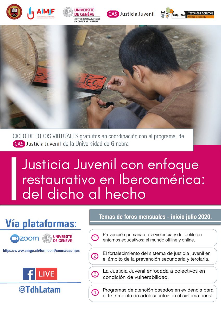 CASJJAmlat's tweet photo. Nel marco del curso CAS #JusticiaJuvenil: #SerieDeSeminariosWebGratuitos desde julio hasta el final del año para dar la oportunidad de ampliar los conocimientos sobre la justicia juvenil en América latina! El flyer del #PrimeroWebinar se publicará en los próximos días ;) https://t.co/0oZZ9pDs9O