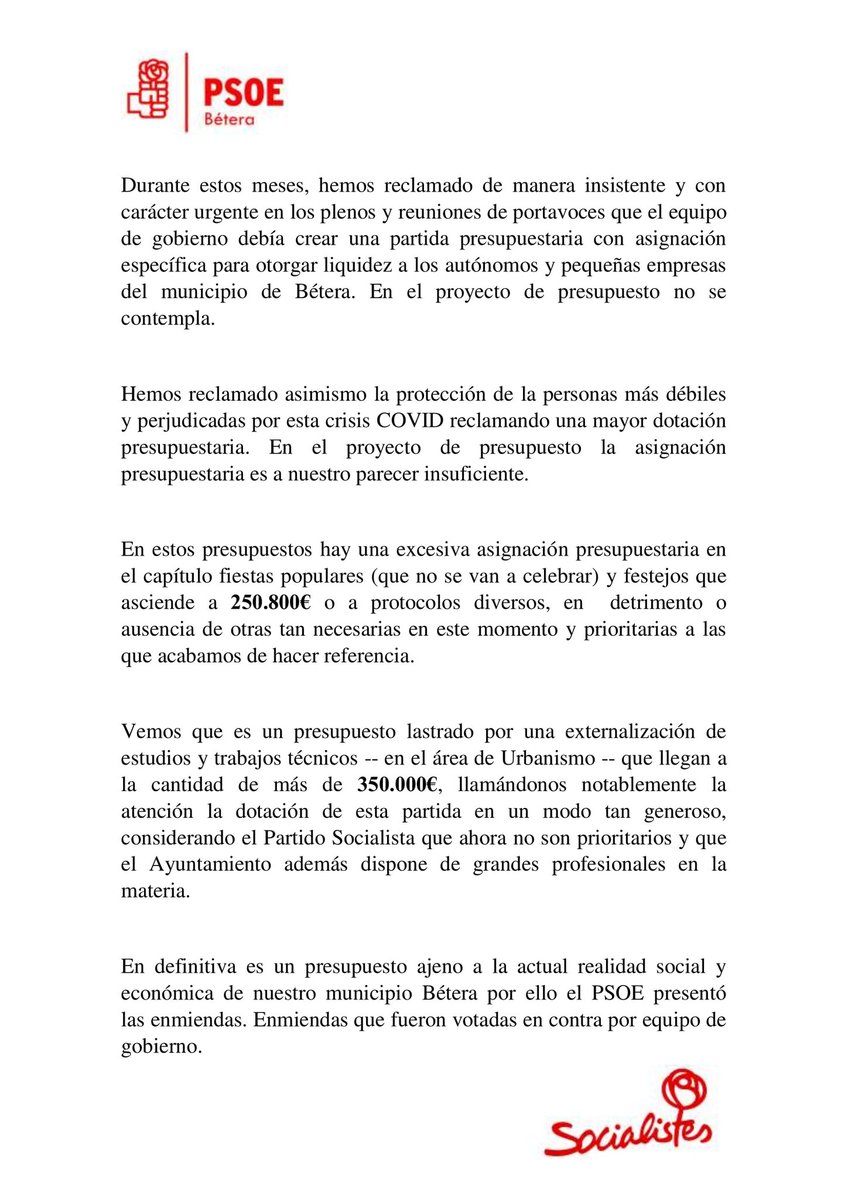 psoebetera's tweet photo. Los motivos del PSPV PSOE Bétera de votar 𝗘𝗡 𝗖𝗢𝗡𝗧𝗥𝗔 de la aprobación provisional del proyecto de PRESUPUESTOS 2020 https://t.co/qh1RYUjY9r