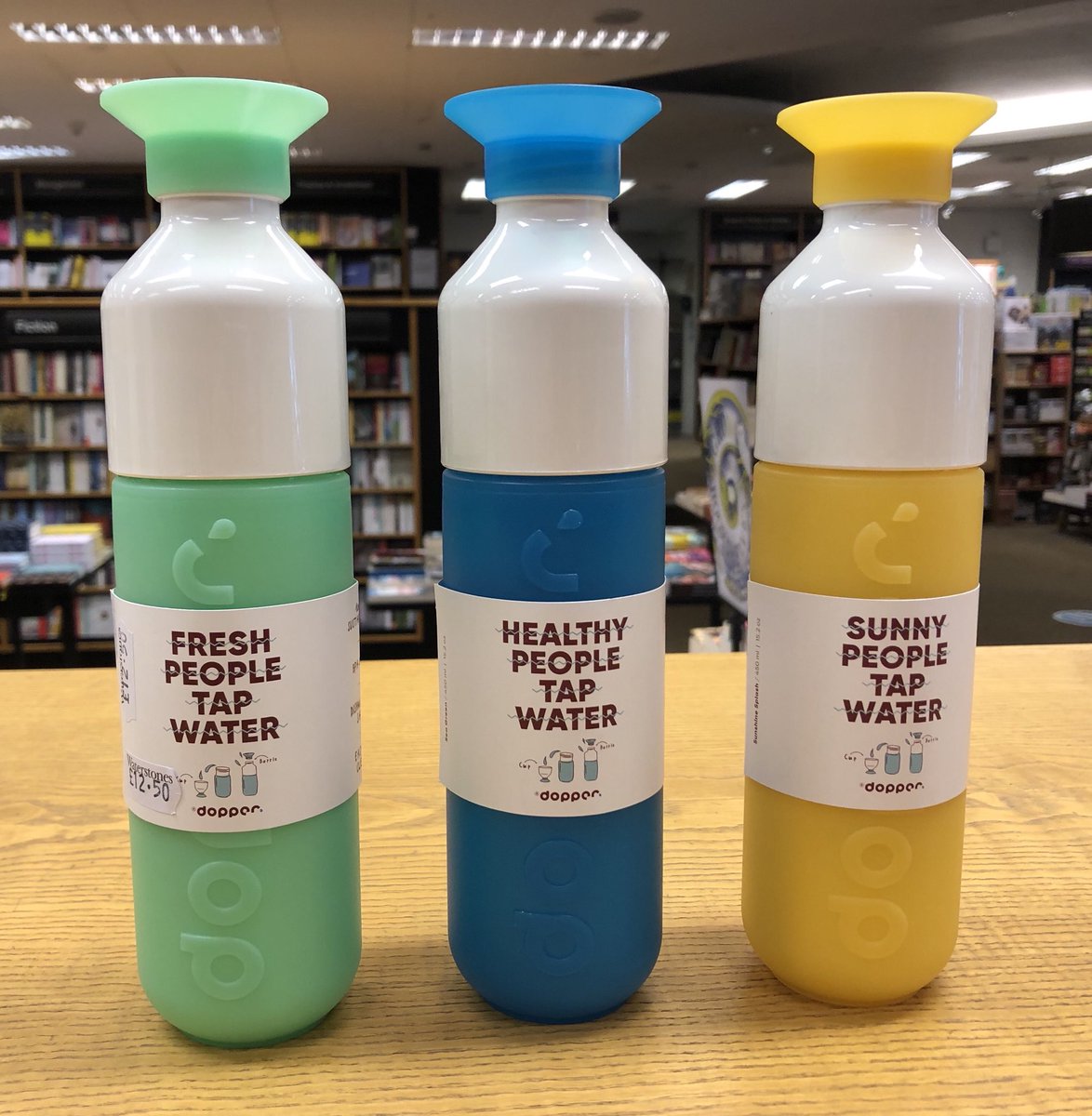 CabotPlaceBooks's tweet photo. Taking a break from pricing new notebooks & wrapping paper, I thought I would flag these reusable bottles that came in yesterday. They come with a built in cup, handy if like me you occasionally miss your mouth! #dopper #notsingleuse https://t.co/KwrQWxXTRd