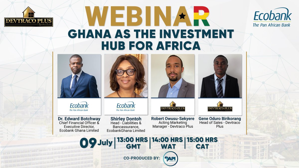 EcobankGhanaPLC's tweet image. Register to partake in this exciting webinar brought to you by Ecobank Ghana and Devtraco Plus. 
Click here event.webinarjam.com/register/80/3v…  
#ecobankghana #devtracoplus @devtracoplus
