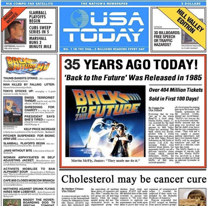 bttfHQ's tweet photo. July 3, 1985 Back to the Future was released in theaters! HAPPY 35th ANNIVERSARY!!! 🎊🎉 #BacktotheFuture35 https://t.co/UemYM8bMqy