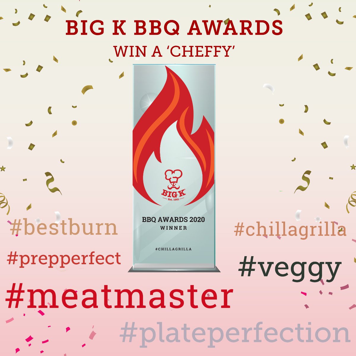 Bigkproducts's tweet photo. Enter the Big K BBQ Awards and win a ‘Cheffy’ and more. Categories are #bestburn, #chillagrilla, #veggie, #meatmaster, #perfectprep and #plateperfection. To enter, just share a pic or video, tag us and use the appropriate category hashtag. https://t.co/RzM3CxoJpq