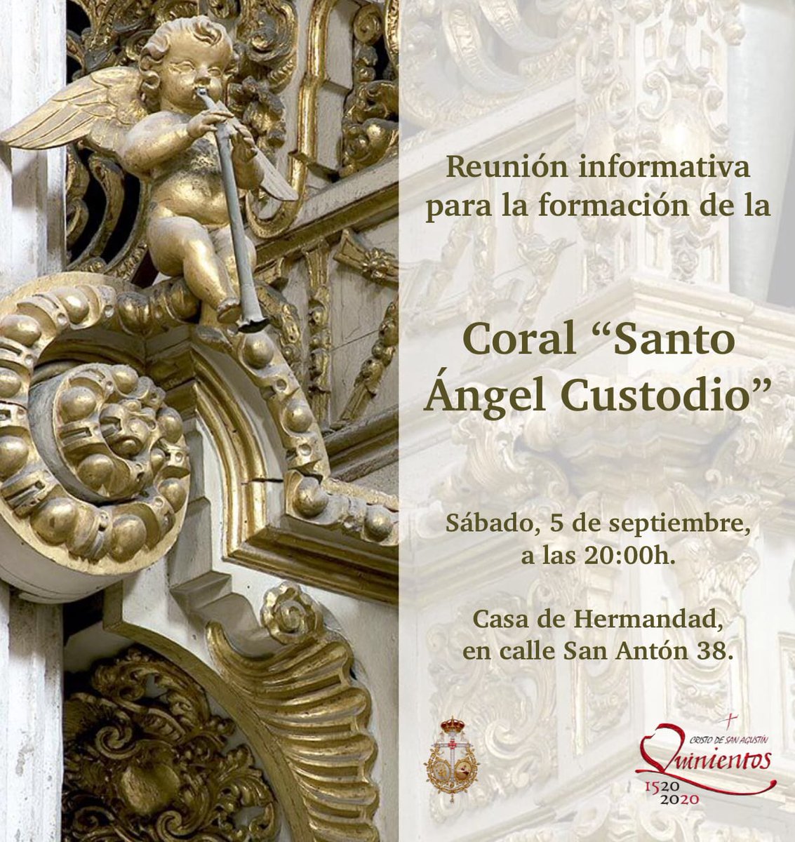 REUNIÓN CORAL SANTO ÁNGEL CUSTODIO

La Hdad.del Stmo.Cristo de S.Agustín convoca para el 5 de septiembre reunión informativa para la creación de la Coral Sto. Ángel Custodio,a las 20 h. en la Casa de Hermandad, c/San Antón,38

Desde aqui animamos a formar parte de esta iniciativa