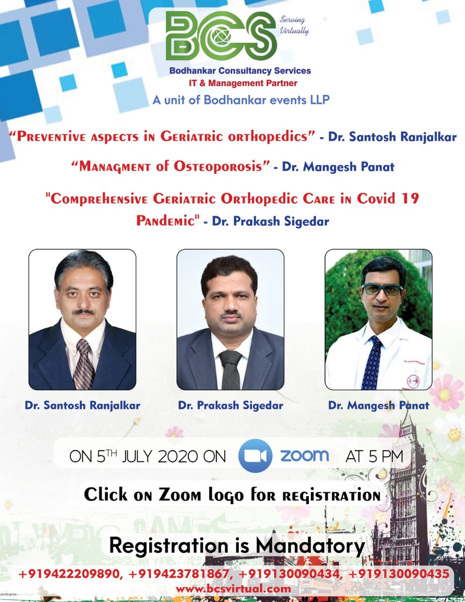 This Sunday get to know more about #Orthopedic_Care_DURING_COVID_19 #NewNormal by experts Dr Santosh Ranjalkar, Dr Prakash Sigedar &amp; Dr Mangesh Panat #Educating  #Webinar For Registration click us02web.zoom.us/meeting/regist… #Fightwithcorona #BELLP #BCS