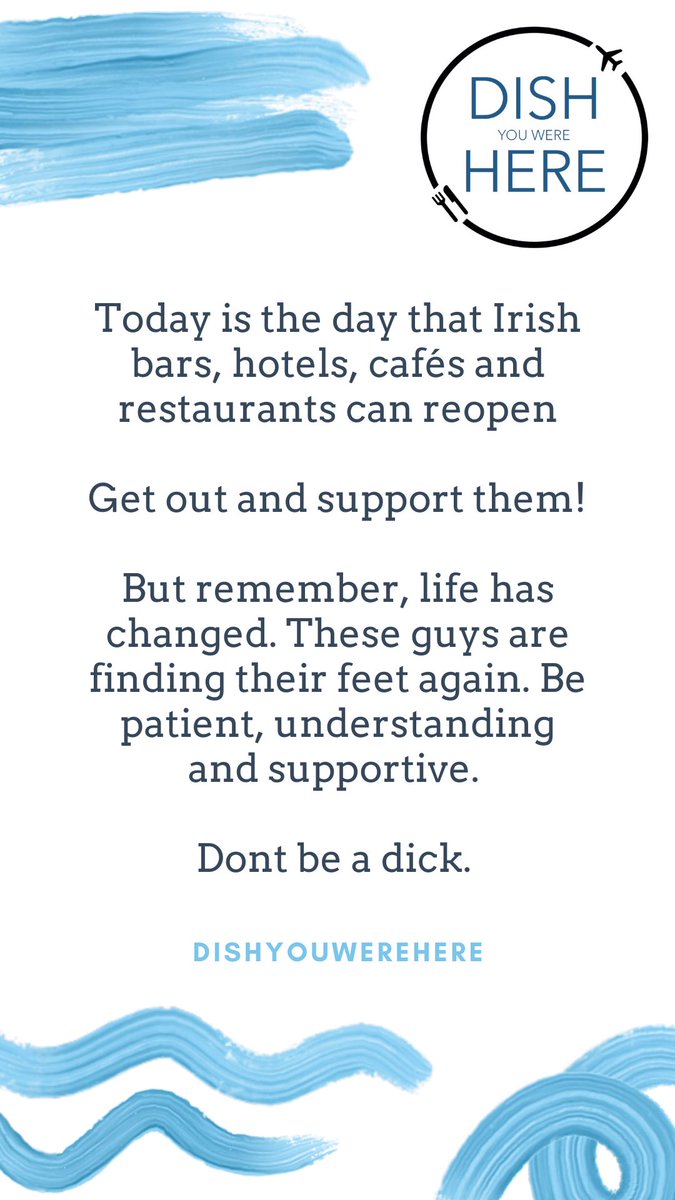 Today, Irish hotels, bars, restaurants &amp; cafes reopen after lockdown. It’s changed times. Be patient, be supportive be kind. But most of all, don’t be a dick. #dontbeadick #tipyourwaiter <a href="/Food_NI/">Food NI</a> <a href="/DiscoverNI/">Northern Ireland</a> <a href="/DiscoverIreland/">Discover Ireland</a>